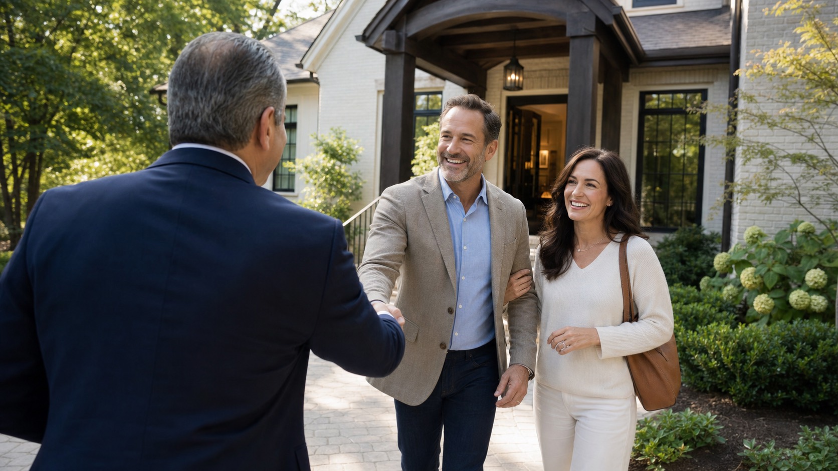 Kami greeting a happy couple at a Johns Creek home